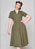 Collectif Caterina Linen-Blend Flared 40's Swing Dress Olive Green